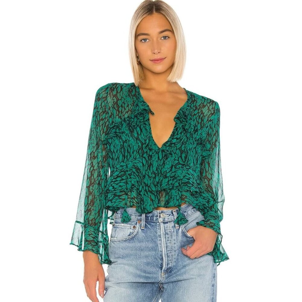 MISA Los Angeles Emerald green ruffled bell sleeve blouse Size Small